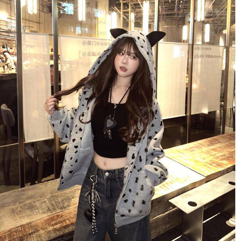 美式甜酷学院风满印斑点连帽卫衣女春季薄款宽松小众情侣开衫外套