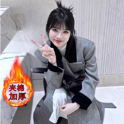 加厚灰色长款呢子大衣女秋冬高级感小个子韩系赫本风西装毛呢外套
