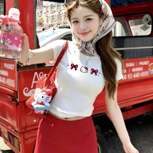 白色圆领正肩短款短袖T恤女装夏季新款卡通kt猫印花露脐显瘦上衣