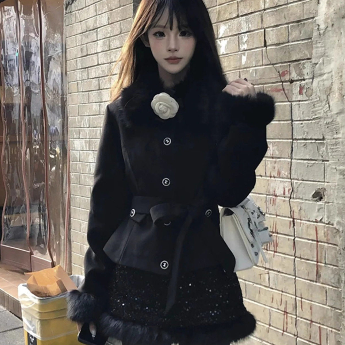 富家千金高级感法式气质加厚显瘦黑色毛领外套半身裙两件套装女冬