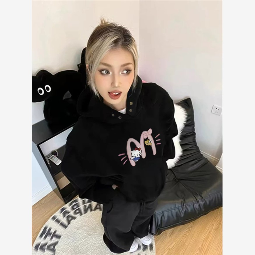 纯棉黑色连帽卫衣女2025新款秋冬加绒加厚慵懒风美式高街宽松外套