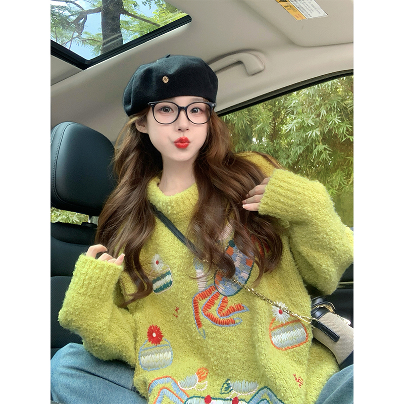 绿色重工刺绣毛衣女2025新款秋冬季加厚慵懒高级感宽松复古针织衫