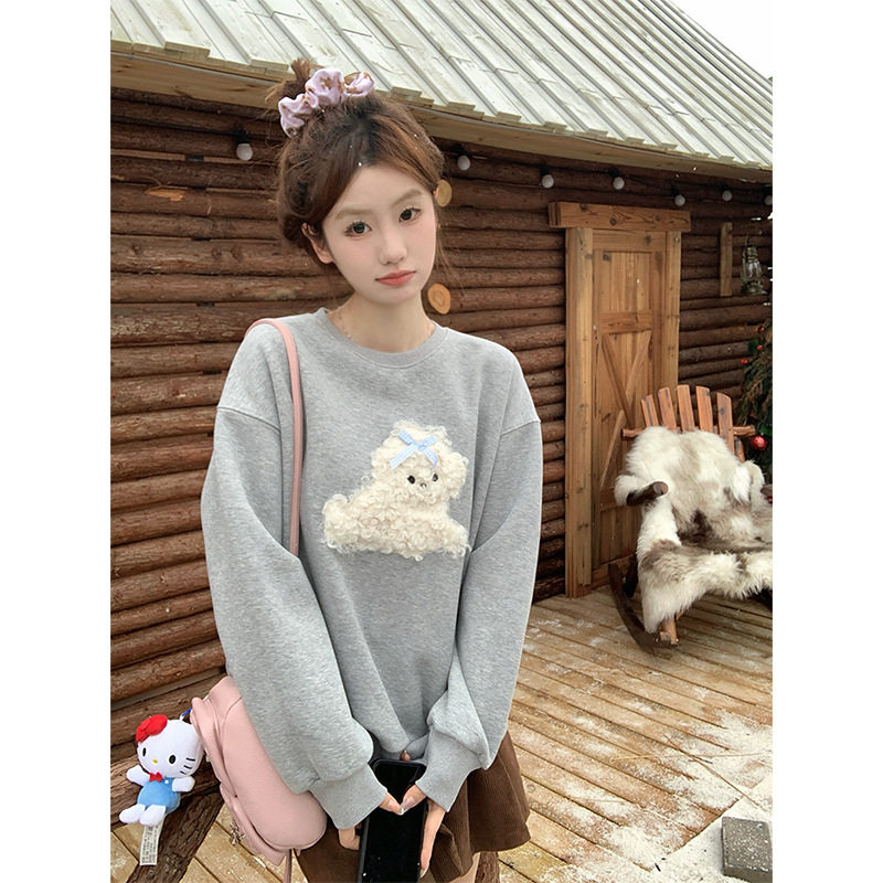 韩系慵懒风刺绣卫衣女秋冬2025新款宽松加绒加厚胖mm无帽上衣