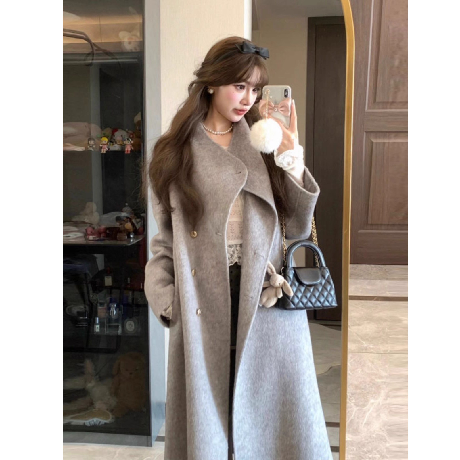 灰色双面毛呢大衣女2025秋冬新款韩系宽松中长款高端羊呢子外套