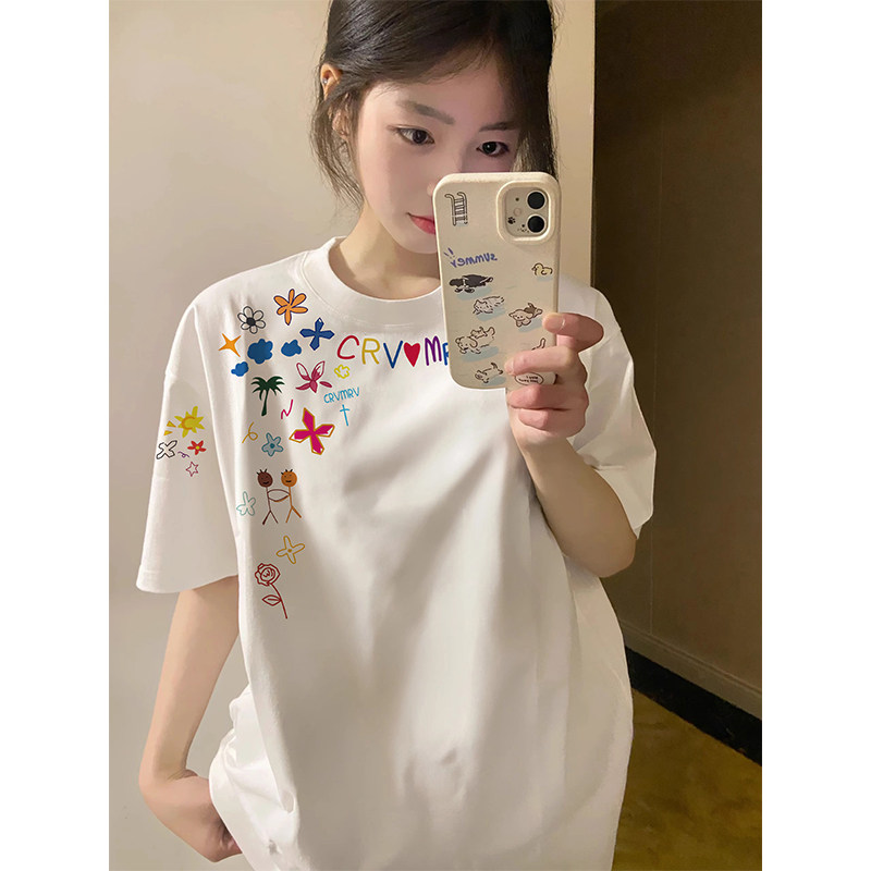 美式多巴胺初中生纯棉短袖t恤女夏季宽松设计感小众重磅高街上衣