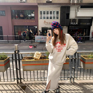 韩系慵懒风休闲运动服套装女春秋宽松减龄卫衣半身裙小个子