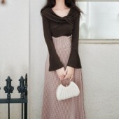 甜美淑女拼接连衣裙女长袖 2026春秋季 新款 格纹拼接气质中长裙子潮