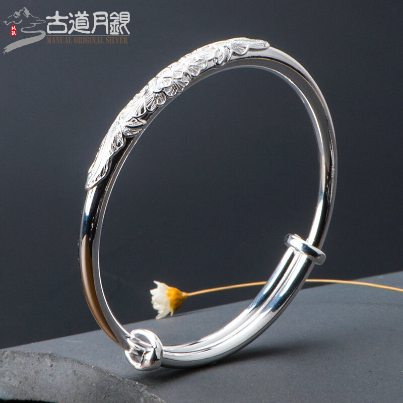 正品古法银手镯女999纯银古风雪花银实心圆棍跑马圈掐丝编花足银