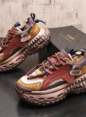 秋冬潮男复古拼色老爹鞋个性低帮加绒保暖休闲鞋男士擦色脏脏鞋子