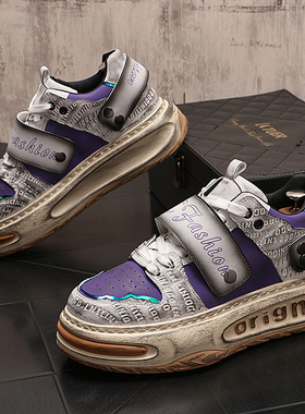 潮牌做旧男鞋低帮男士个性复古脏脏鞋网红拼色厚底休闲鞋男字母鞋