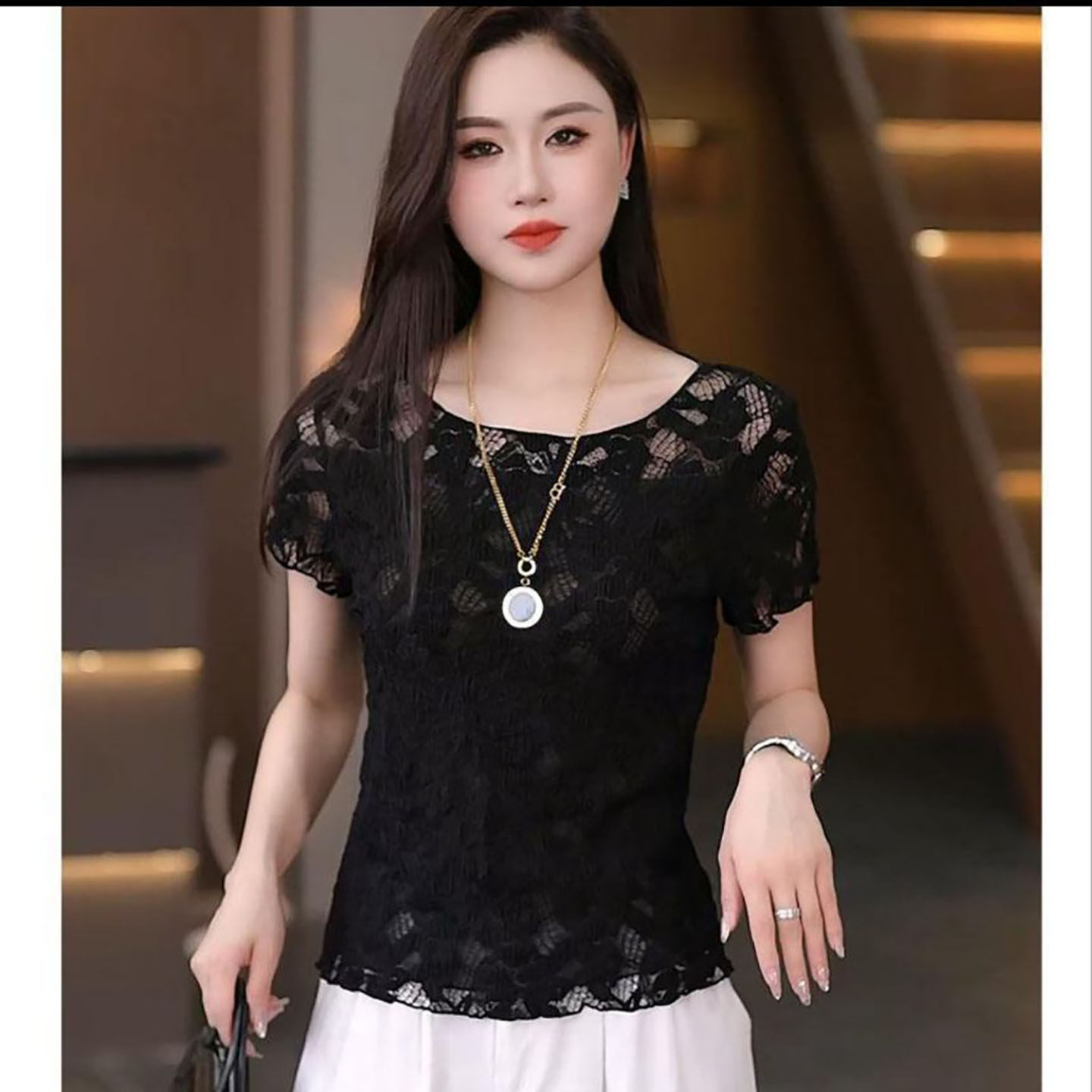 叙溪约女装优雅复古短袖雪纺衫夏季女士蕾丝半袖小衫韩系镂空上a1