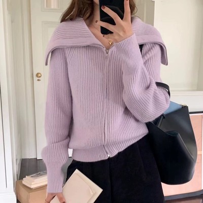 紫色针织衫女2025新款毛衣外套慵懒风开衫韩系秋季小个子穿搭上衣