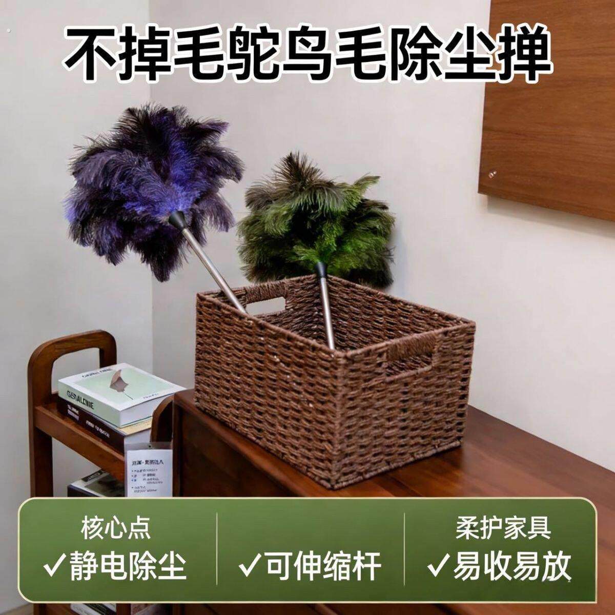 鸵鸟毛除尘鸡毛掸子可伸缩防静电扫灰宋式居家用美学摆件鸵鸟羽毛