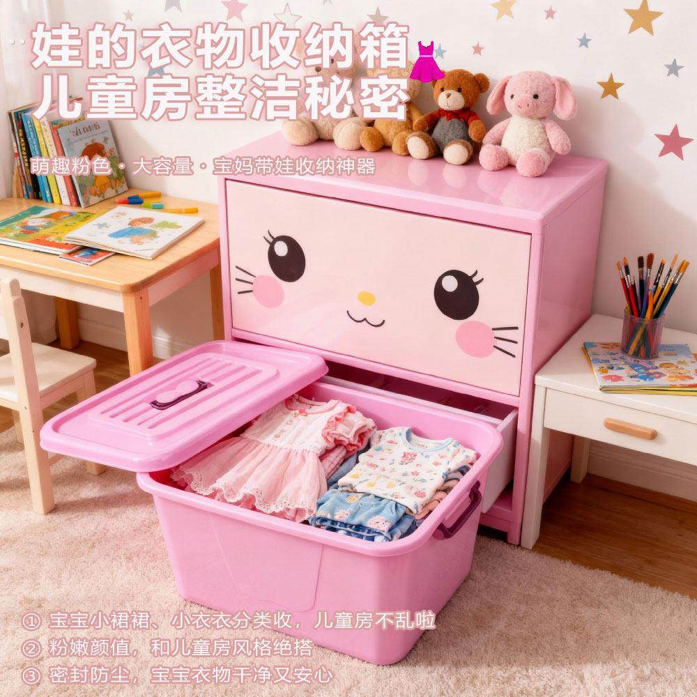 可爱粉色收纳箱儿童衣物整理箱大容量带盖塑料储物箱大容量收纳盒