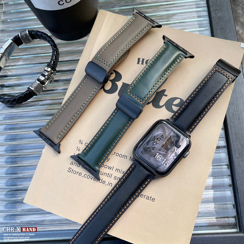 适用于苹果手表真皮磁吸折叠表带applewatch商务男女潮牌腕带45mm