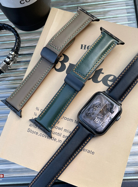 适用于苹果手表真皮磁吸折叠表带applewatch商务男女潮牌腕带45mm