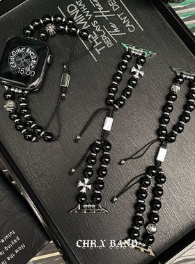 适用于苹果手表克罗心黑玛瑙手串表带iwatch11新中式潮牌男女腕带