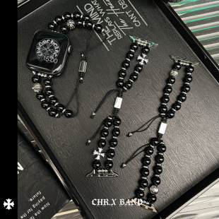 适用于苹果手表克罗心黑玛瑙手串表带iwatch11新中式 潮牌男女腕带