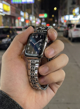 适用于苹果手表复古朋克不锈钢金属表带iwatch10克心潮牌男女腕带