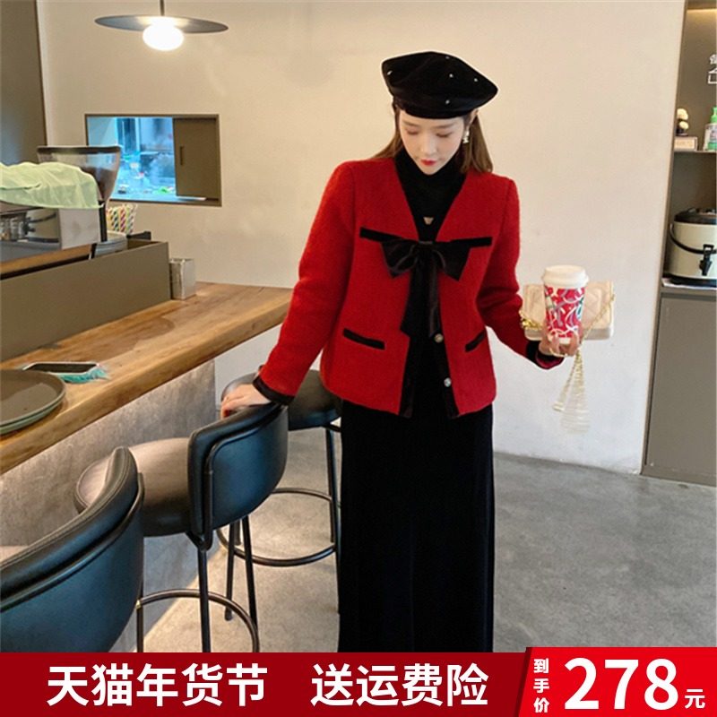 小香风蝴蝶结加棉毛呢外套女小个子短款宽松甜美高端拼色呢子上衣