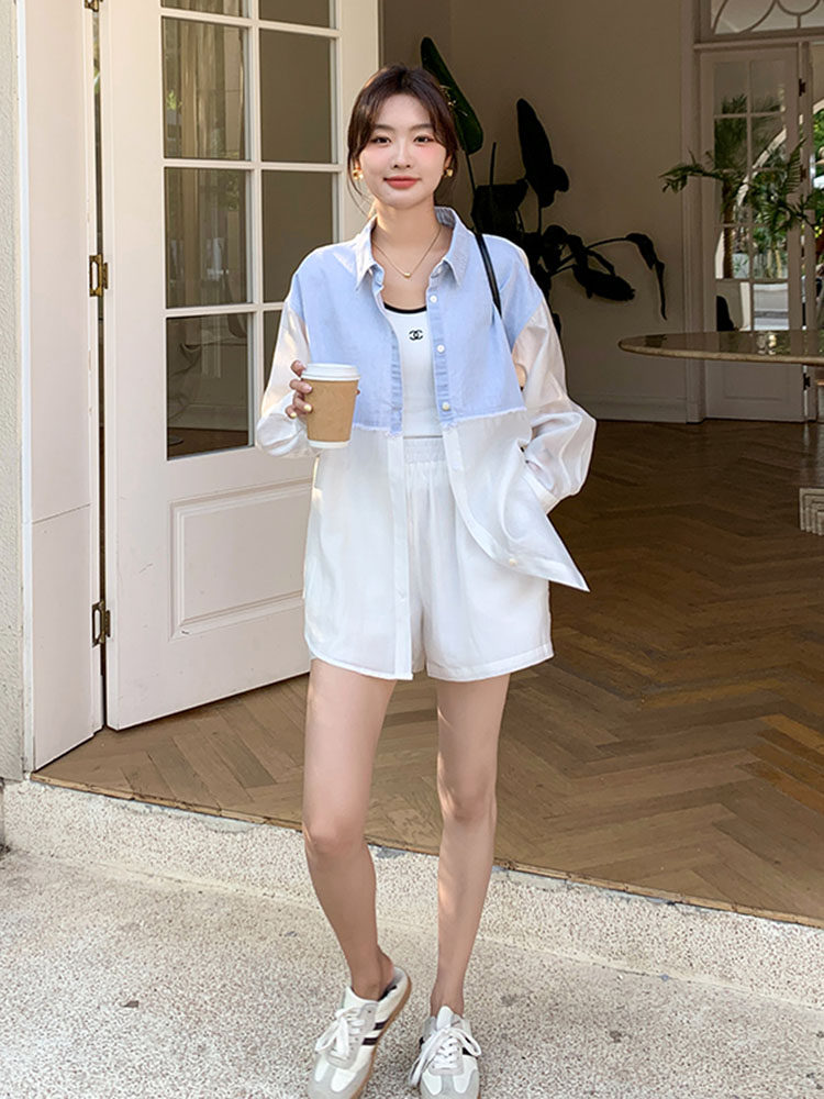 高级感衬衫防晒服套装女2023新款气质轻薄透气外套休闲短裤两件套