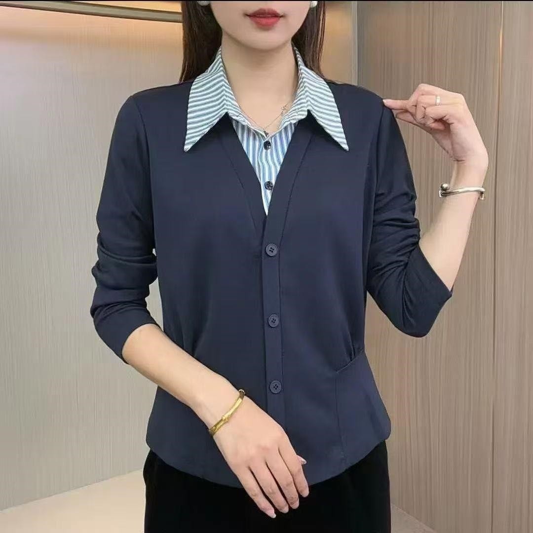 假两件条纹衬衫中年女春秋季新款妈妈装长袖打底衫翻领百搭上衣a2