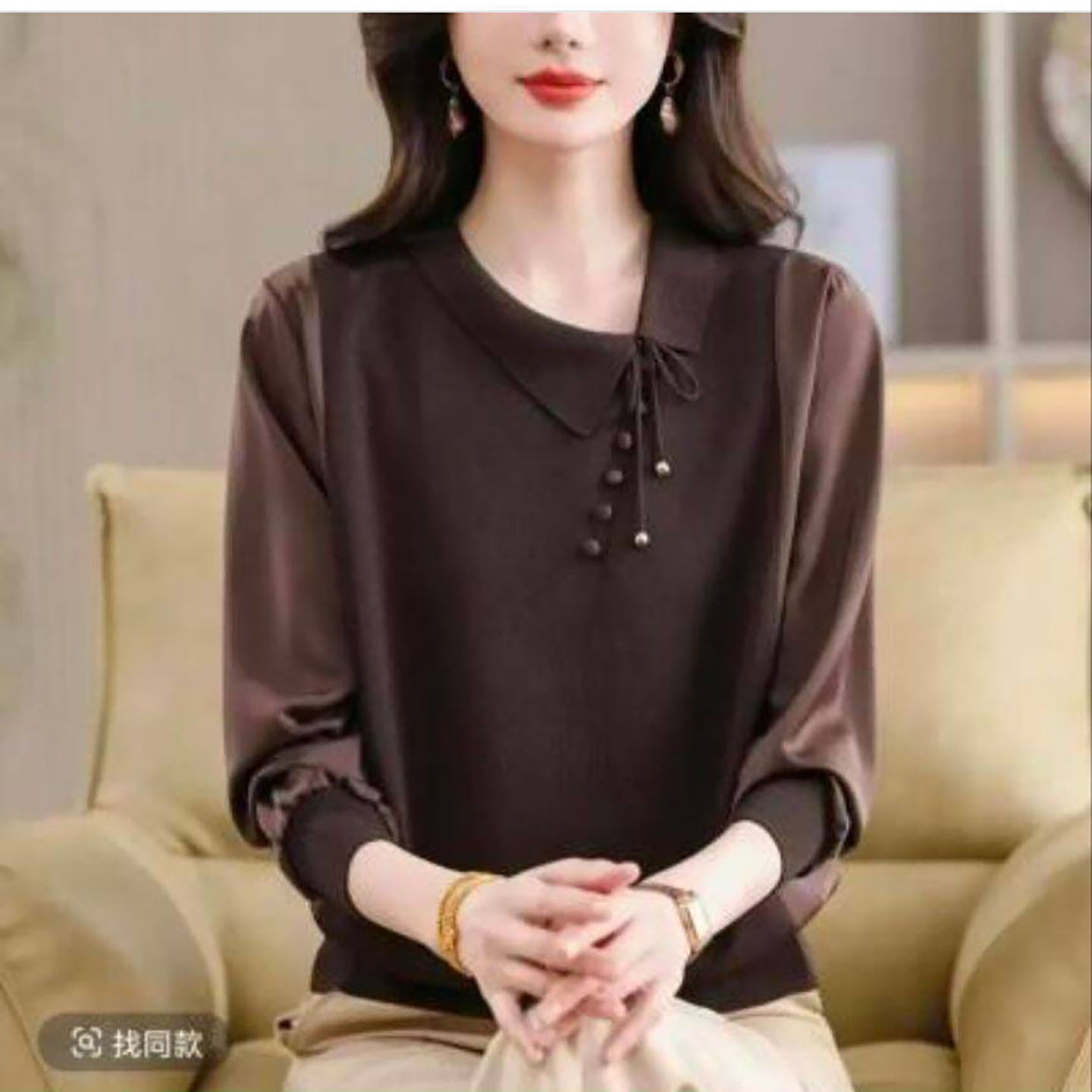 宜智博女装棉麻娃娃领针织衫秋季女士款拼接显瘦长袖气质时尚上a7