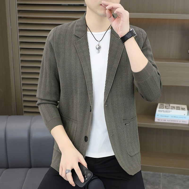 高档男士开衫西装针织春秋季新款时尚潮流帅气休闲针织衫男装外a4