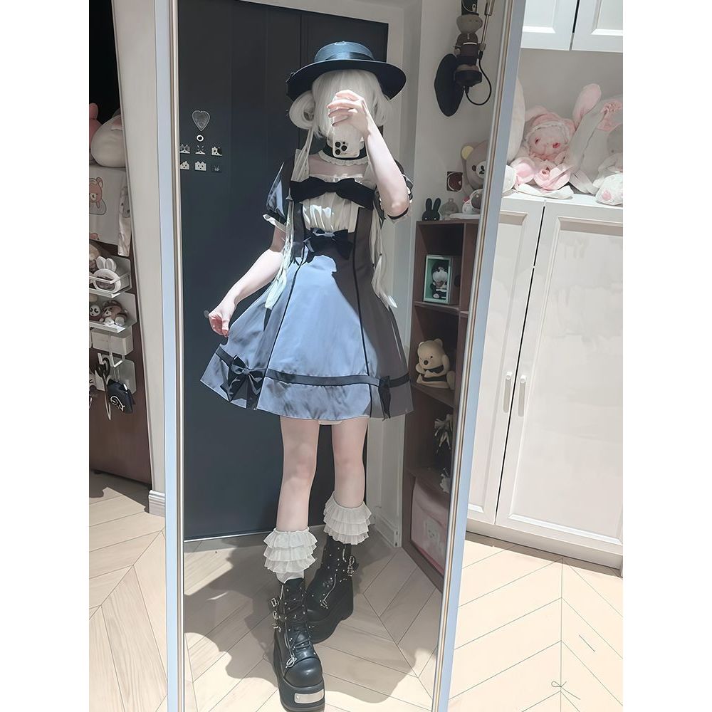 日系轻lo撞色拼接连衣裙女夏季新款设计感蝴蝶结收腰doll感短裙子