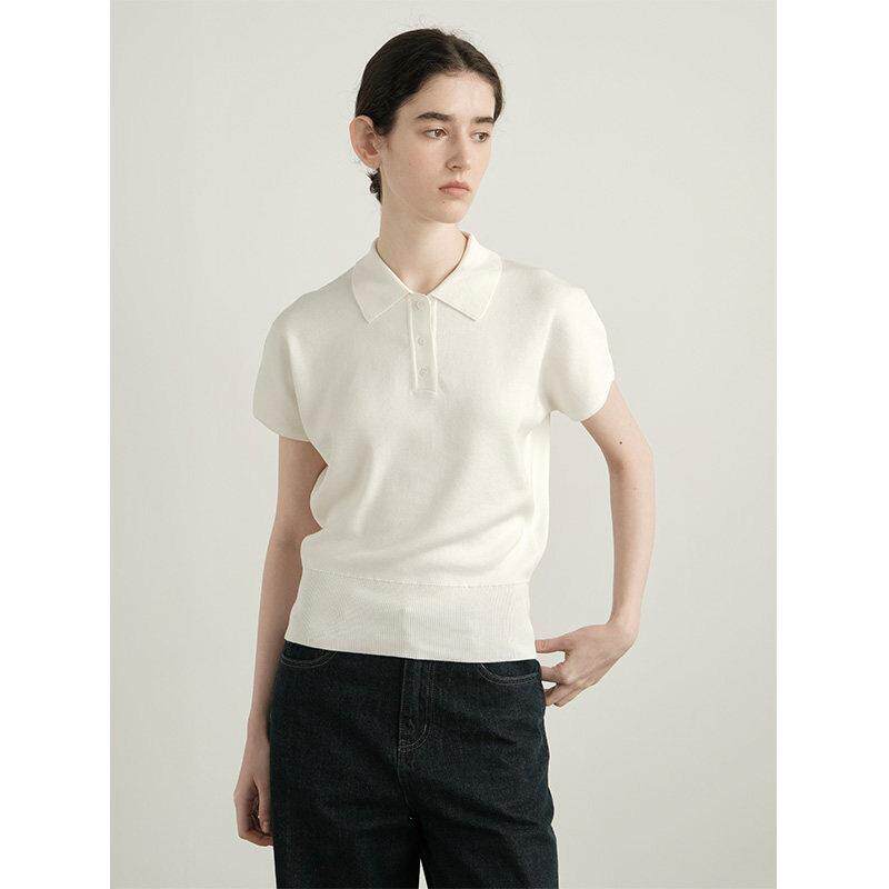 LINHOUSE复古白色Polo衫针织短袖上衣夏季通勤休闲学院气质t恤女