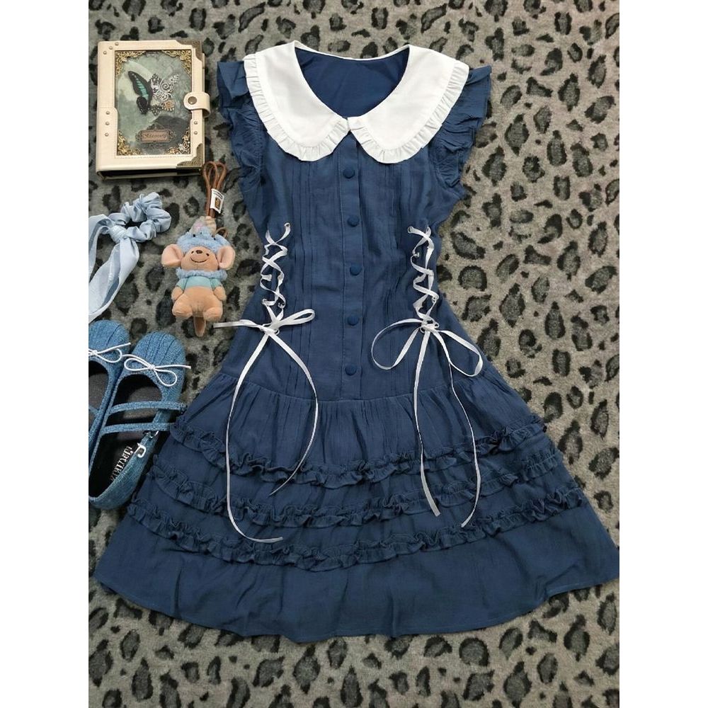 软蓝甜心 春夏新款甜美风复古娃娃领设计感vintage无袖连衣蛋糕裙