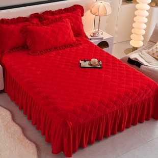 高克重牛奶绒床盖大红色加绒床单带裙边三件套珊瑚绒保暖床垫冬季