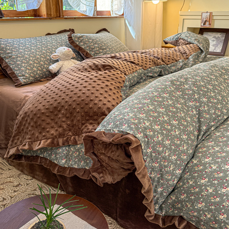 全棉双层纱四件套ab面纯棉豆豆绒