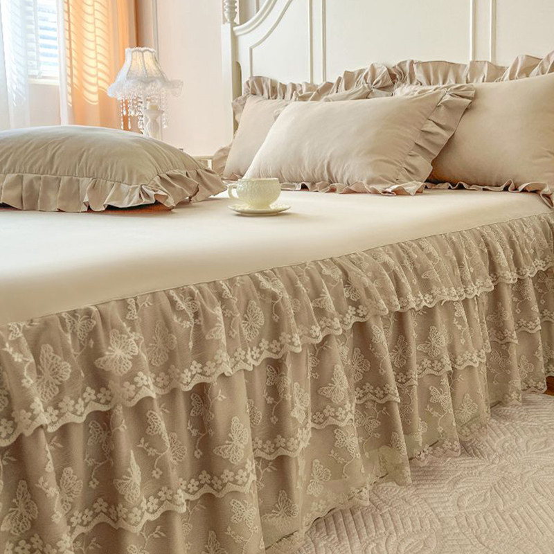 2025春夏新款蕾丝花边床裙单件磨毛床套席梦思遮丑床罩1.8m三件套