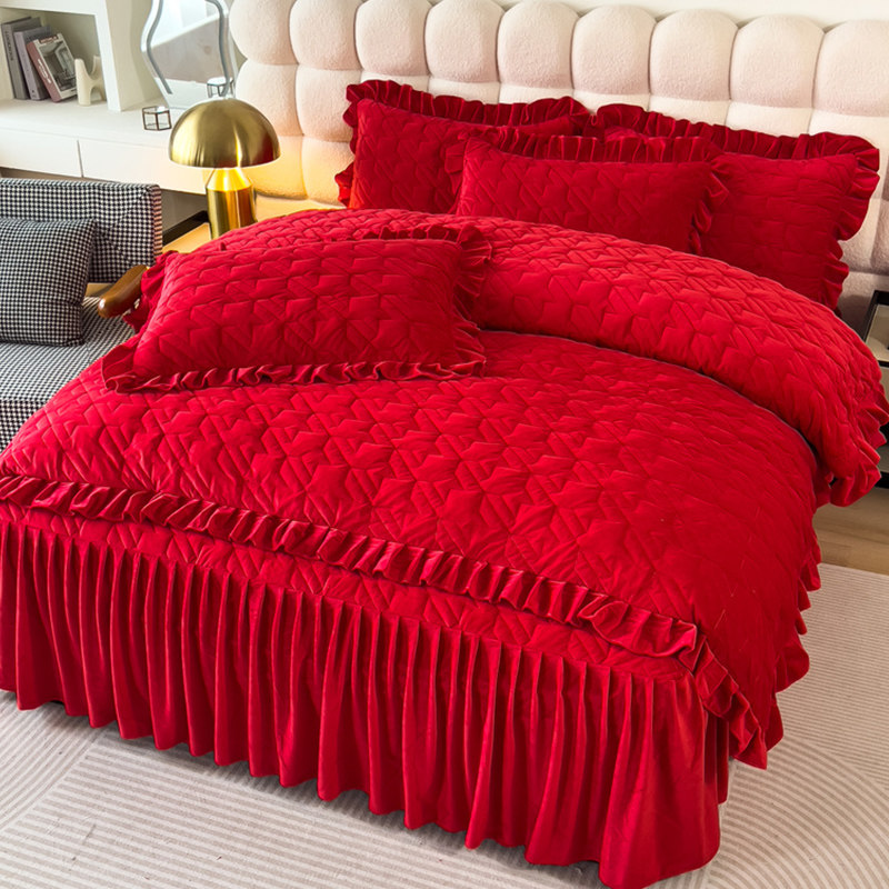 欧式大红色水晶绒全夹棉四件套床裙床笠二合一床罩牛奶绒加厚被套