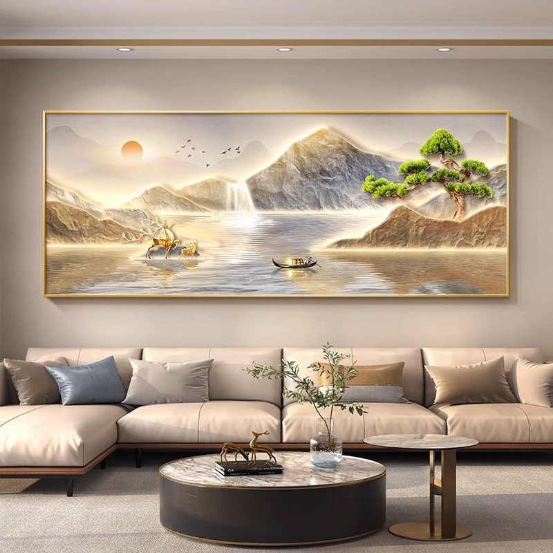 流水生财挂画客厅沙发背景墙装饰画横款办公室旭日东升大气山水画