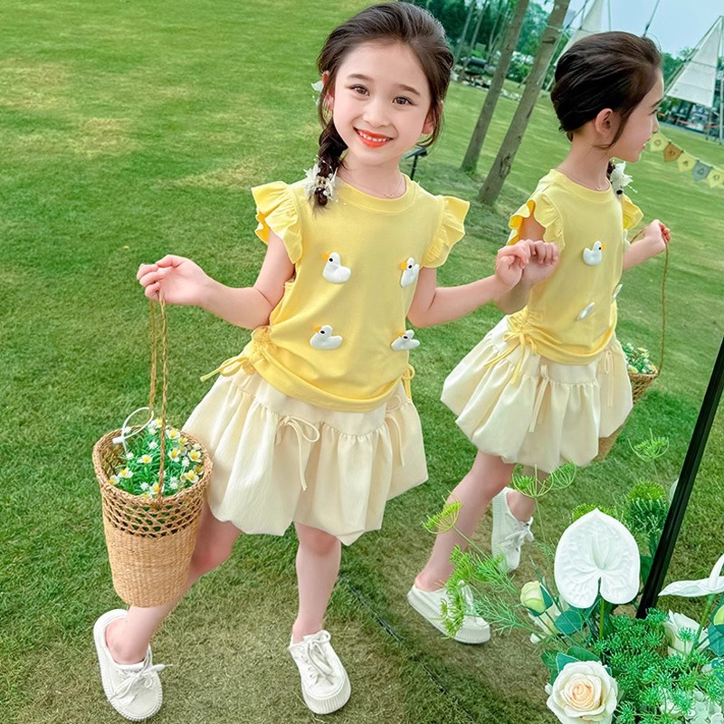 女童套装夏季2025新款洋气时髦女宝宝夏装儿童小飞袖花苞裙两件套