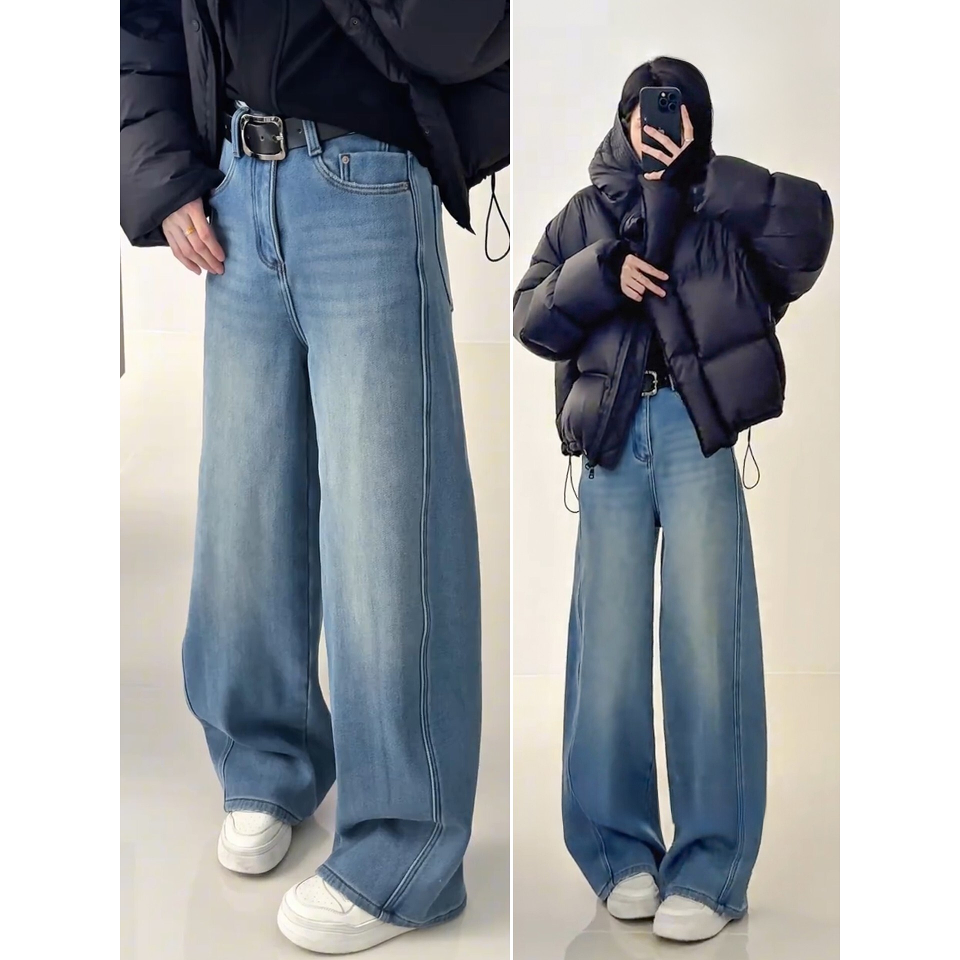 浅色牛仔裤女款加绒裤子2025新款弯刀裤高腰显瘦长裤宽松阔腿裤冬