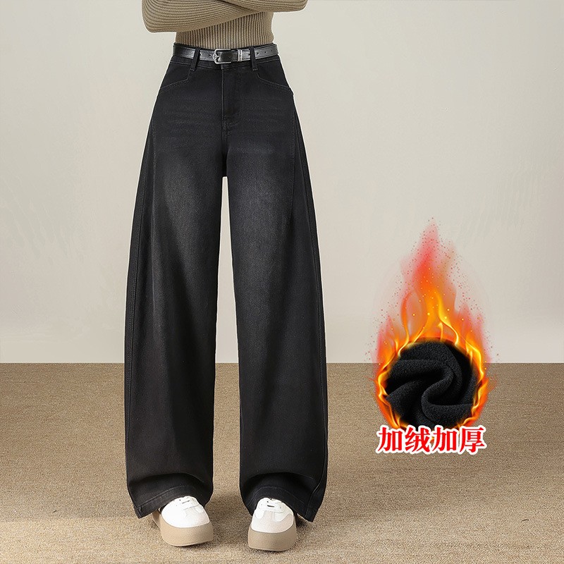 美式黑色弯刀牛仔裤女2025秋冬宽松阔腿裤设计感高腰加绒裤子新款