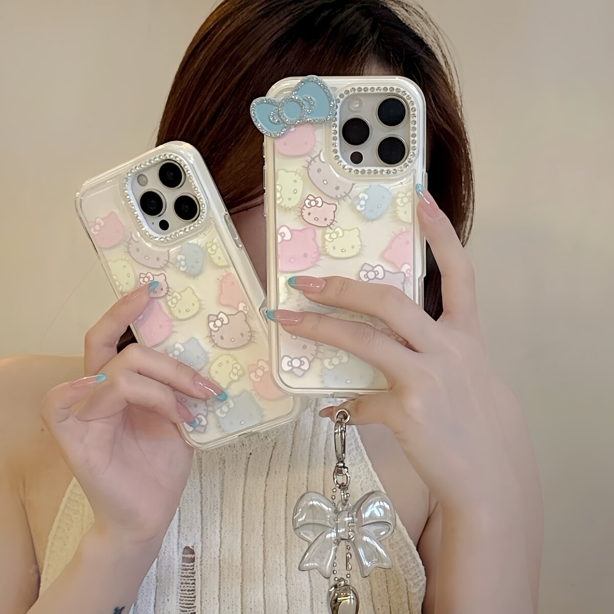 水钻镜头 彩色kt头+蝴蝶结爱心吊坠适用iPhone16pro手机壳小清新女款设计感苹果14promax网红2025超火15proma