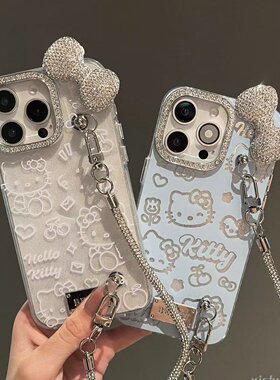 适用苹果16ProMax手机壳iPhone15气质ins闪钻蝴蝶结kt猫14pro高级感女款13prom网红新款14pm手提挂绳12手机套