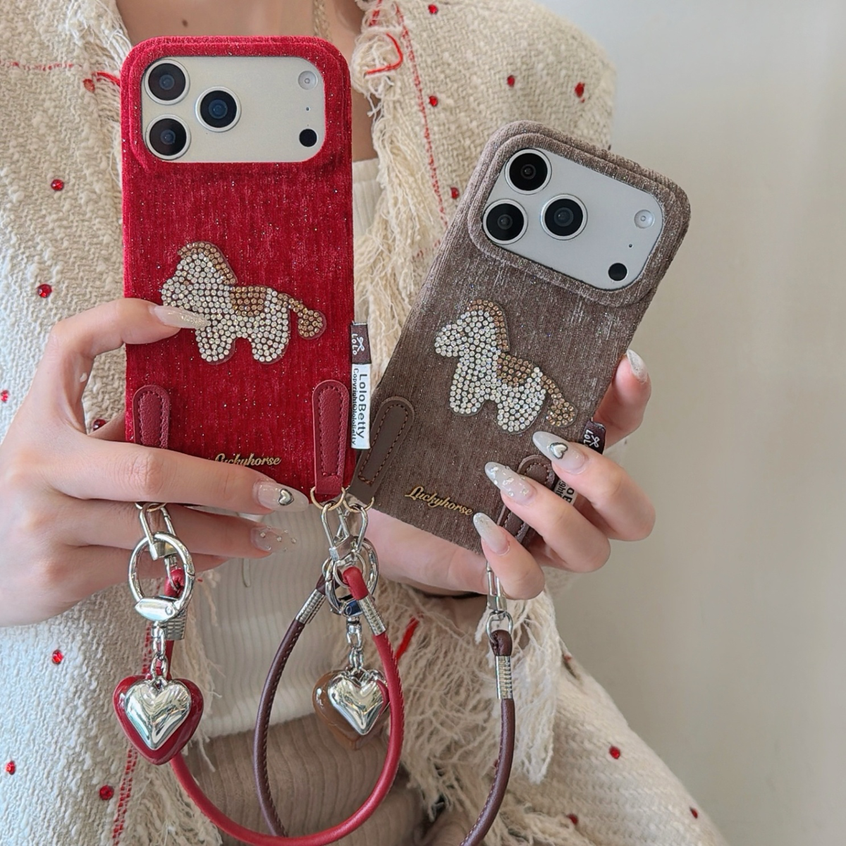 两色金丝绒亮片小马+挂爱心挂坠手提绳适用于苹果14时尚创意手机壳ins风新款17系列手机保护壳15pro手机保护,3C数码配件,手机保护套/壳,淘宝优惠券,粉丝福利购,淘宝优惠卷