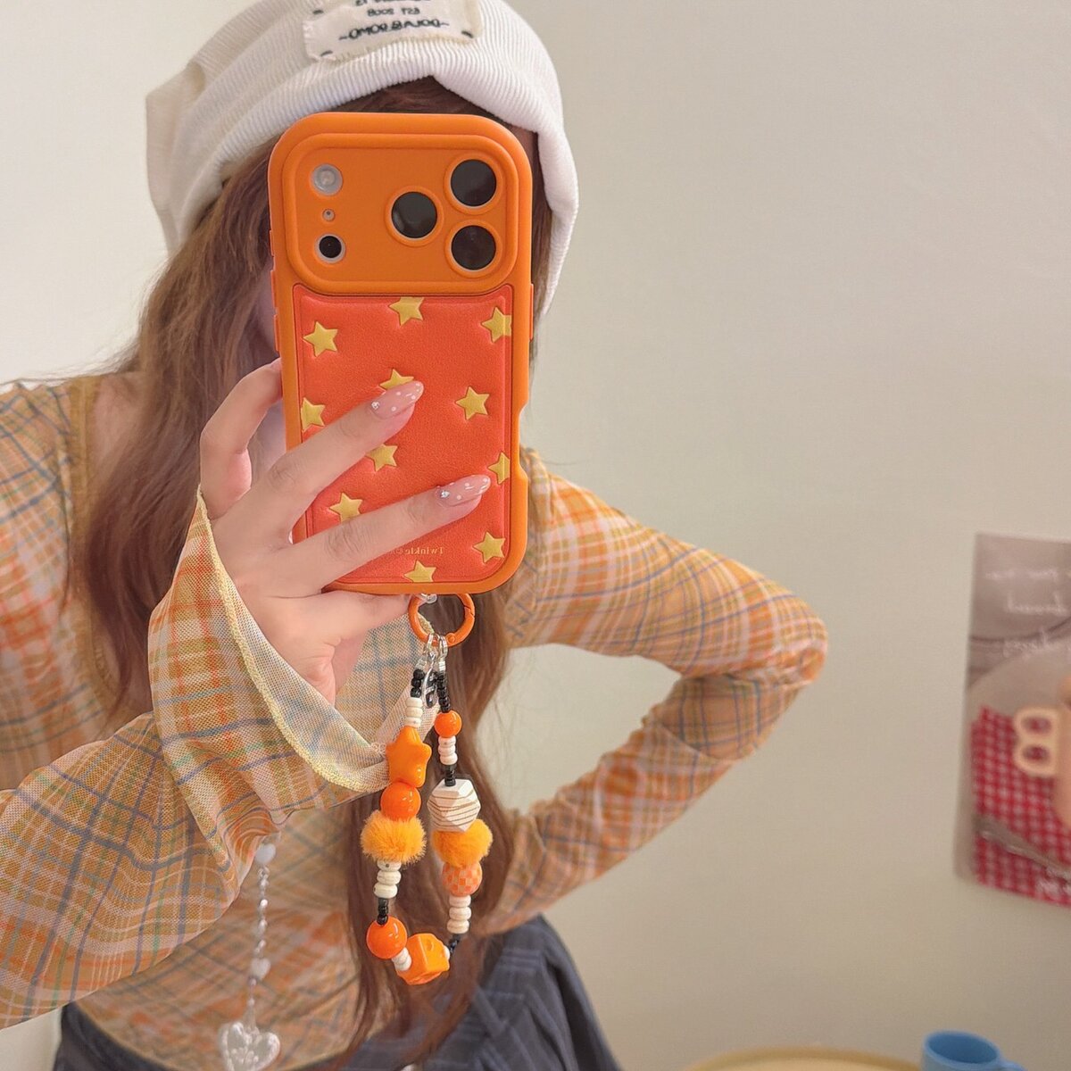 橙底黄色星星适用苹果17promax手机壳iphone16pro皮纹15小众超火14全包立体软壳