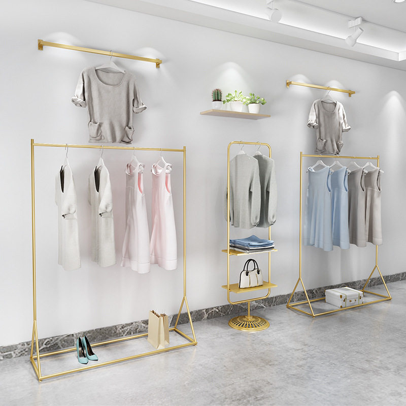 北欧铁艺服装架落地式衣帽架男装店衣架婚纱店服装店金色衣帽架