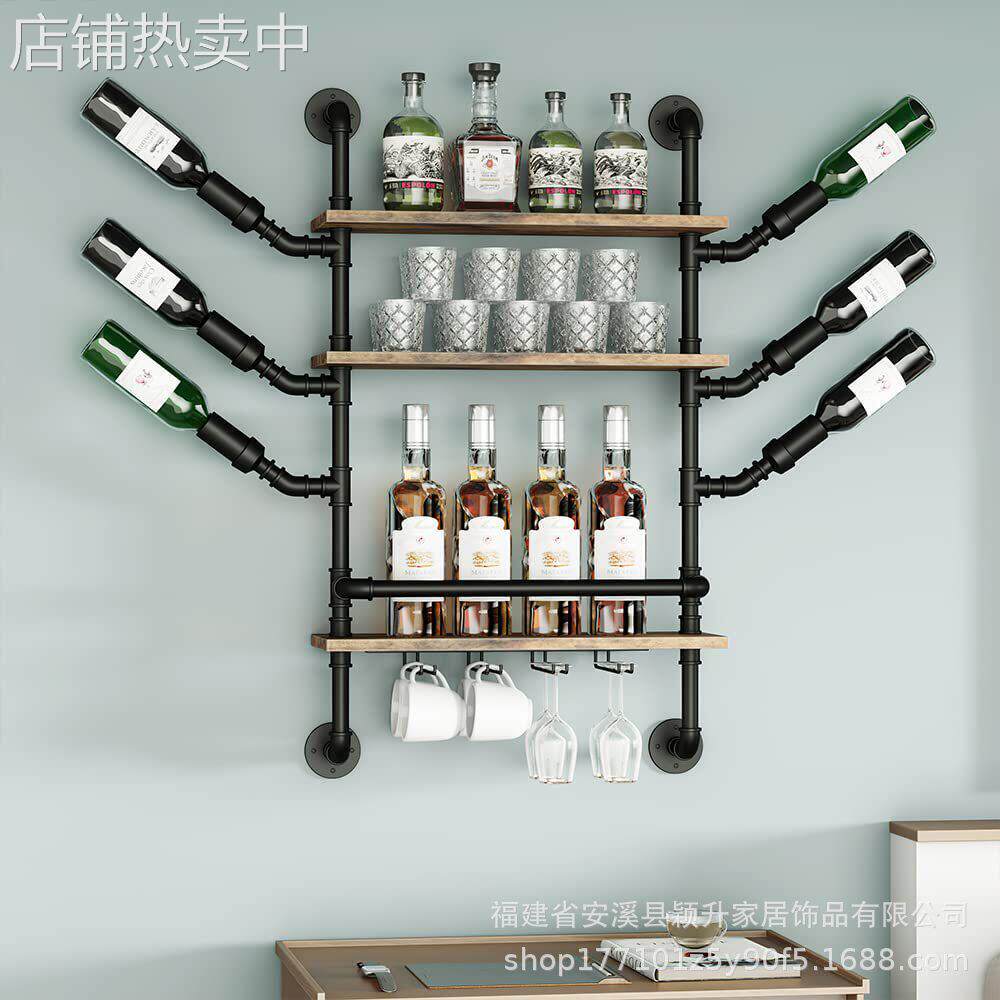 跨境工业风管道壁挂式置物架红酒展示架倒挂脚杯架简约葡萄酒架