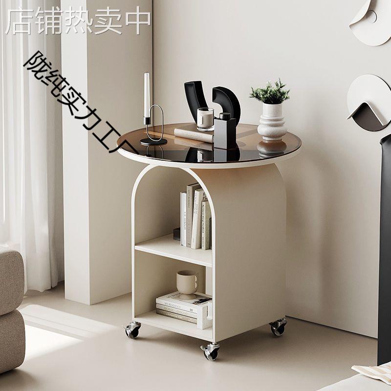 可移动圆形边几客厅沙发小边桌小茶几卧室床头铁艺玻璃带轮小桌子