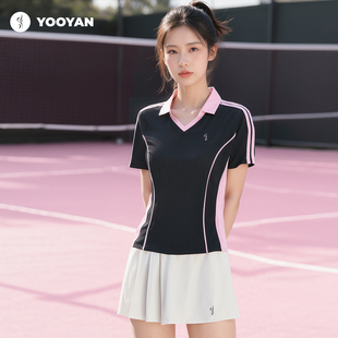 羽盐 粉墨羽毛球服女款运动套装 显瘦短袖小V领大赛服上衣休闲