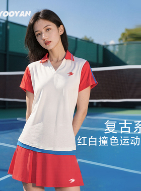 羽盐 复古红白撞色羽毛球服套装V领polo老钱风运动上衣高尔夫球服