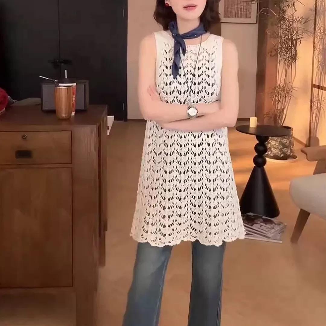 中长款镂空针织背心裙女早春新款叠穿显瘦百搭屁帘无袖上衣