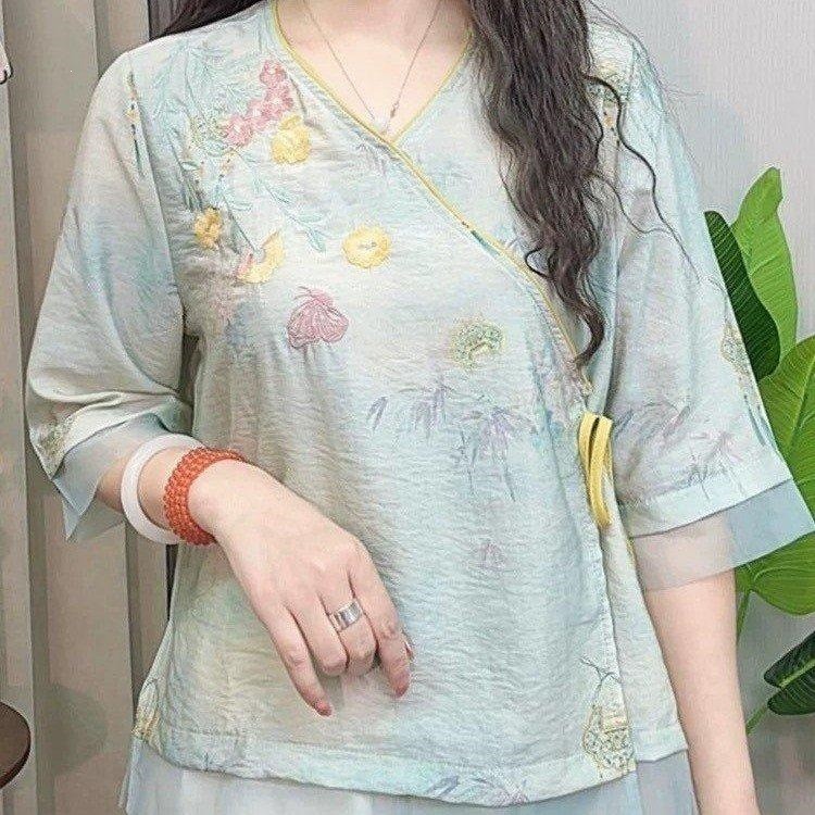 新中式国风V领斜襟衬衫新款薄款2026夏季系带宽松妈妈七分袖小衫